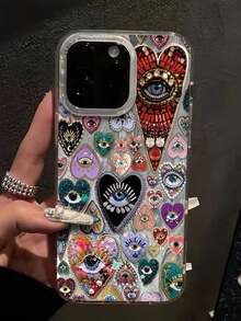 Heart 1pc 2D Feather & Rhinestone Eye Pattern TPU Shockproof Phone Case, Compatible With Apple17 16, 15, 14, 13, 12, 11 Pro Max Waterproof Anti-Fall Scratch Resistant - 款式2(1pc) - 查看 6