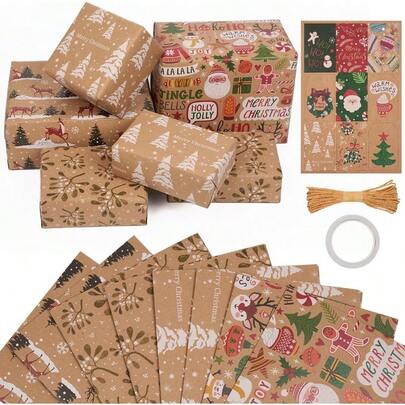 8 Sheets 70x50cm Christmas Wrapping Paper For Gift Wrapping  Kraft Paper With 9pcs Gift Tags And String For Xmas Box Gift Wrapping