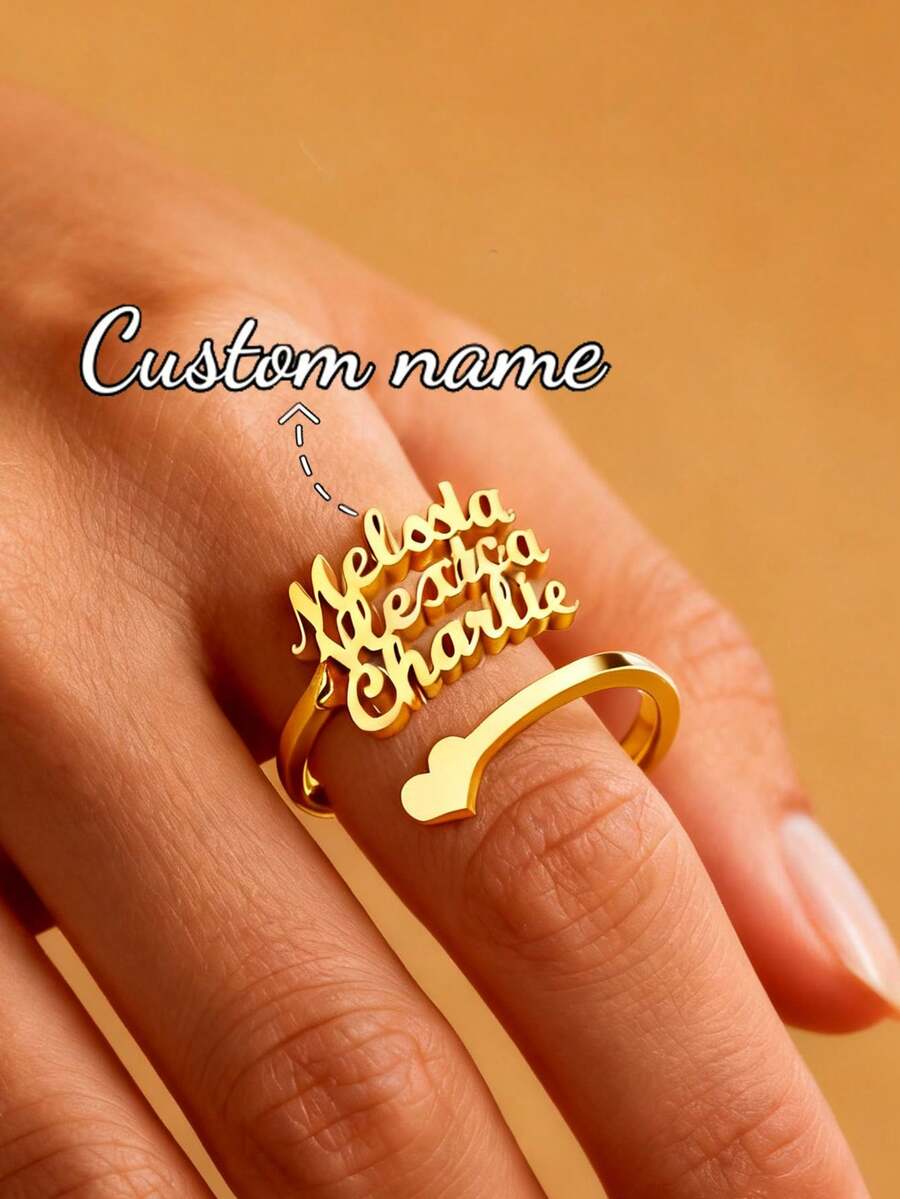 Anillo con nombre personalizado, joyería personalizada, anillo ajustable de acero inoxidable dorado/plateado, regalo de pareja - Anillo de oro 1 - Ver 1