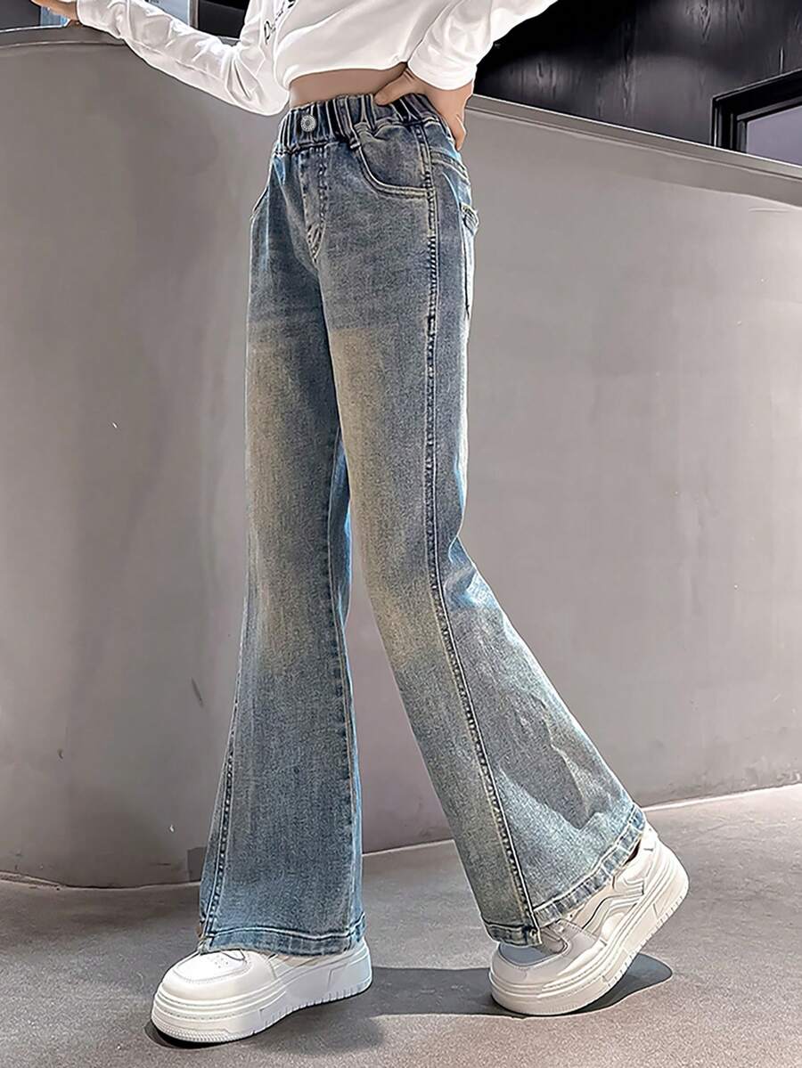 休闲百搭弹力腰喇叭裤少女牛仔裤 - 藍色 - 查看 1