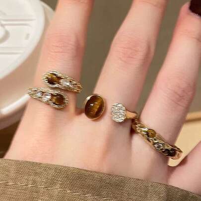 Bộ 3 nhẫn thời trang đính đá Cubic Zirconia và đá mắt hổ phong cách đồng xu cổ điển thanh lịch và sang trọng, phù hợp cho các dịp hàng ngày, tiệc tùng, đám cưới của phụ nữ