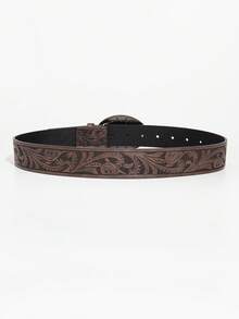 1pc Vintage Blue Agate Round Buckle Retro Coffee Floral Pattern PU Leather Belt - Blue Agate Brown - View 4