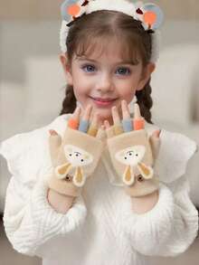 1 双儿童露指手套，冬季加厚半指针织卡通保暖翻盖连指手套（女童款） - 彩色 - 查看 3