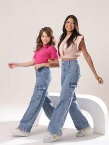 GL Kids Luxury Plain Cargo Pants For Girls And Teens - Medium Wash - View 1