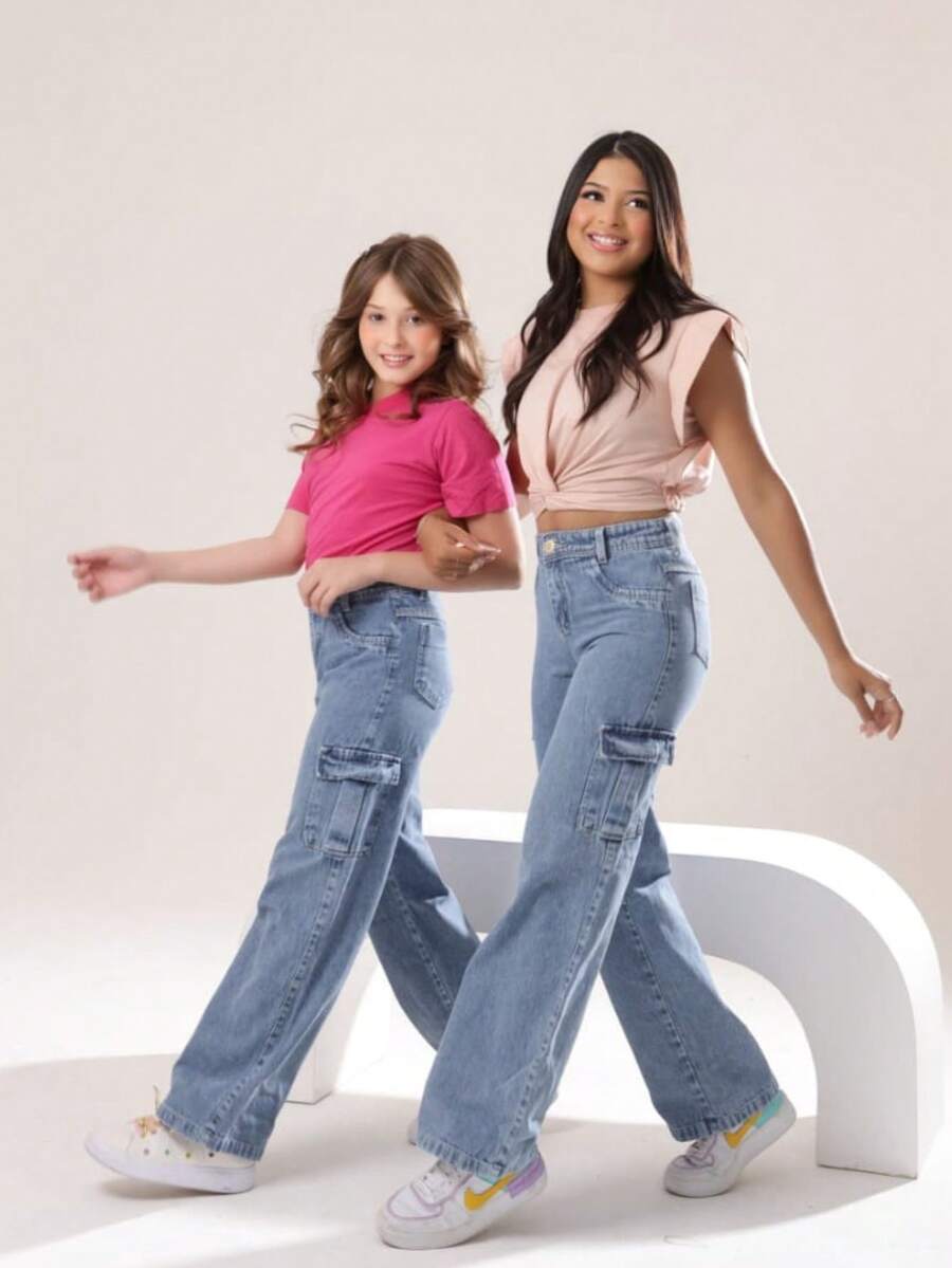 GL Kids Luxury Plain Cargo Pants For Girls And Teens - Medium Wash - View 1