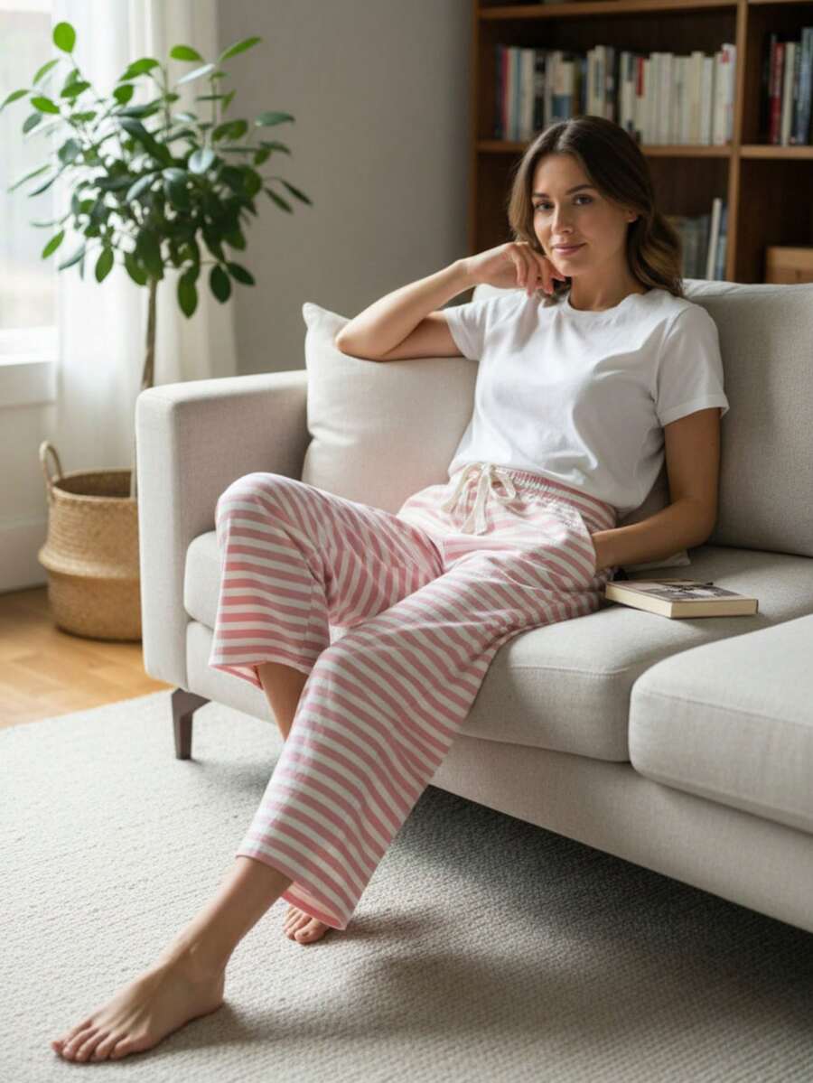 Pantalon Para Mujer Comodo con Agujeta con Estampado a Rayas - Rosa Pálido - Ver 1