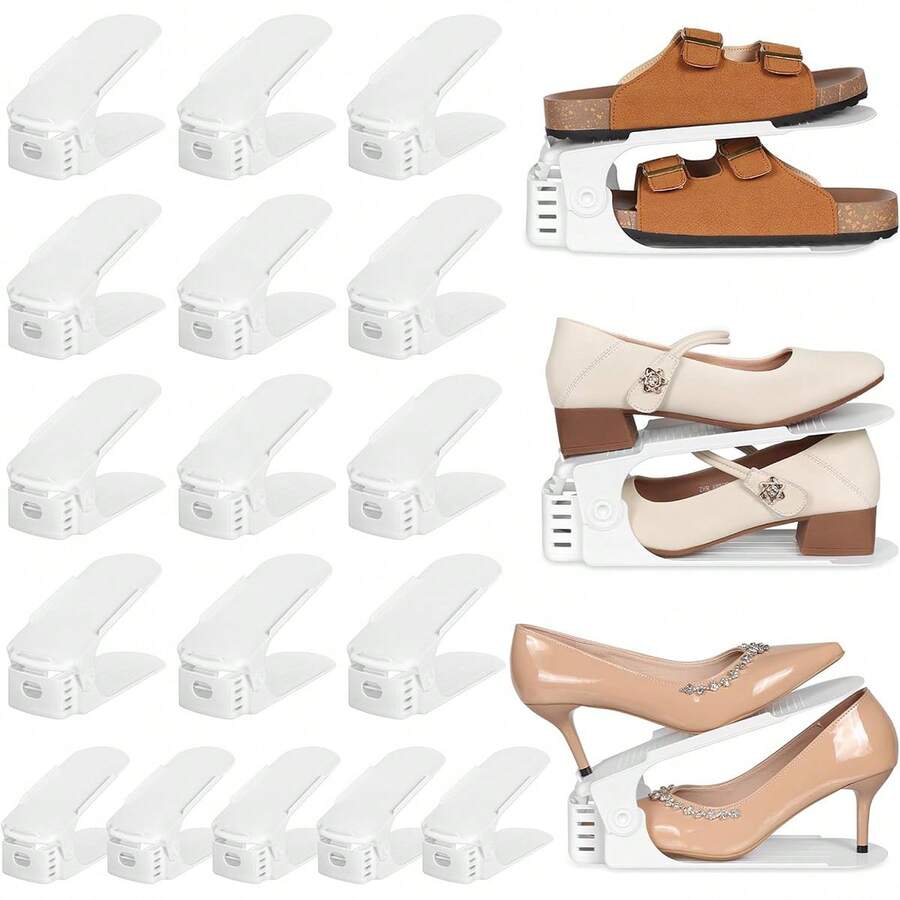 10个装鞋槽收纳架，3层灵活可调节鞋架，套入式鞋架，双层鞋托盘收纳架，3种不同高度，节省空间的鞋架（白色） - 彩色 - 查看 1