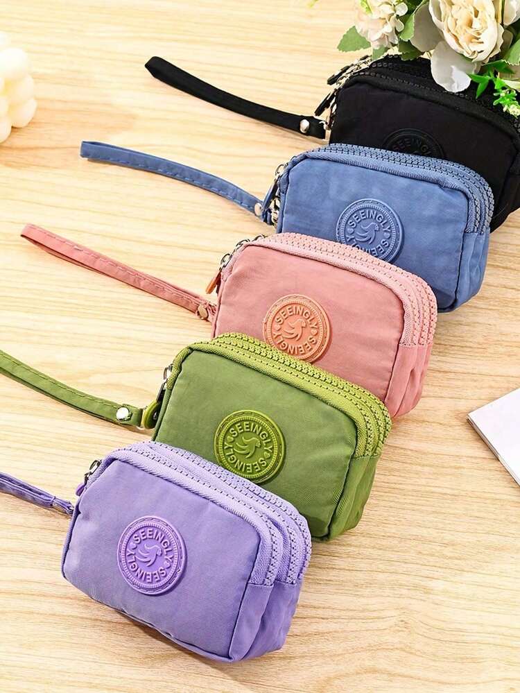 1 pieza Monedero de nailon retro con 3 compartimentos con cremallera - Billetera pequeña y compacta unisex para efectivo, tarjetas y monedas, monedero, accesorio de moda para mujer, lavable a máquina, sin bordados, sin bordes aceitosos - Multicolor - Añade 5