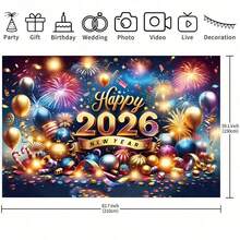 1 件 2026 新年派对背景布 - 烟花、金色气球和“2026 年快乐”文字 - 平面摄影背景，适合除夕、婚礼、生日派对 - 多尺寸、多功能派对背景布，适用于男女通用装饰、室内外装饰、摄影工作室、花园装饰、派对装饰和电话亭。 - 彩色 - 查看 4
