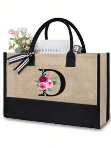 Juego de bolsas de lona con iniciales florales negras de la A a la Z, incluye bolsa de almacenamiento de maquillaje, bolsa de regalo personalizada, adecuada para boda, cumpleaños, playa, vacaciones, escuela, es un gran regalo para mujeres, mamá, maestros, amigos, damas de honor, estudiantes, bolsa grande, artículos de primera necesidad, regalos perfectos para vacaciones, cumpleaños, Acción de Gracias, Pascua, Navidad