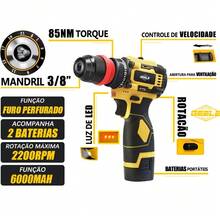 Drill/Driver With 2 Batteries, 16.8 Volts, 3/8" 10mm, 2200rpm, Brushless. - 黃色 - 查看 2