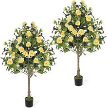 4FT Artificial Camellia Flowers Tree, Fake Plant Plastic Potted With Faux Greenery Leaves Outdoor Indoor Home Decor For Livingroom Garden Patio Yard Office - 黃色 - 查看 8