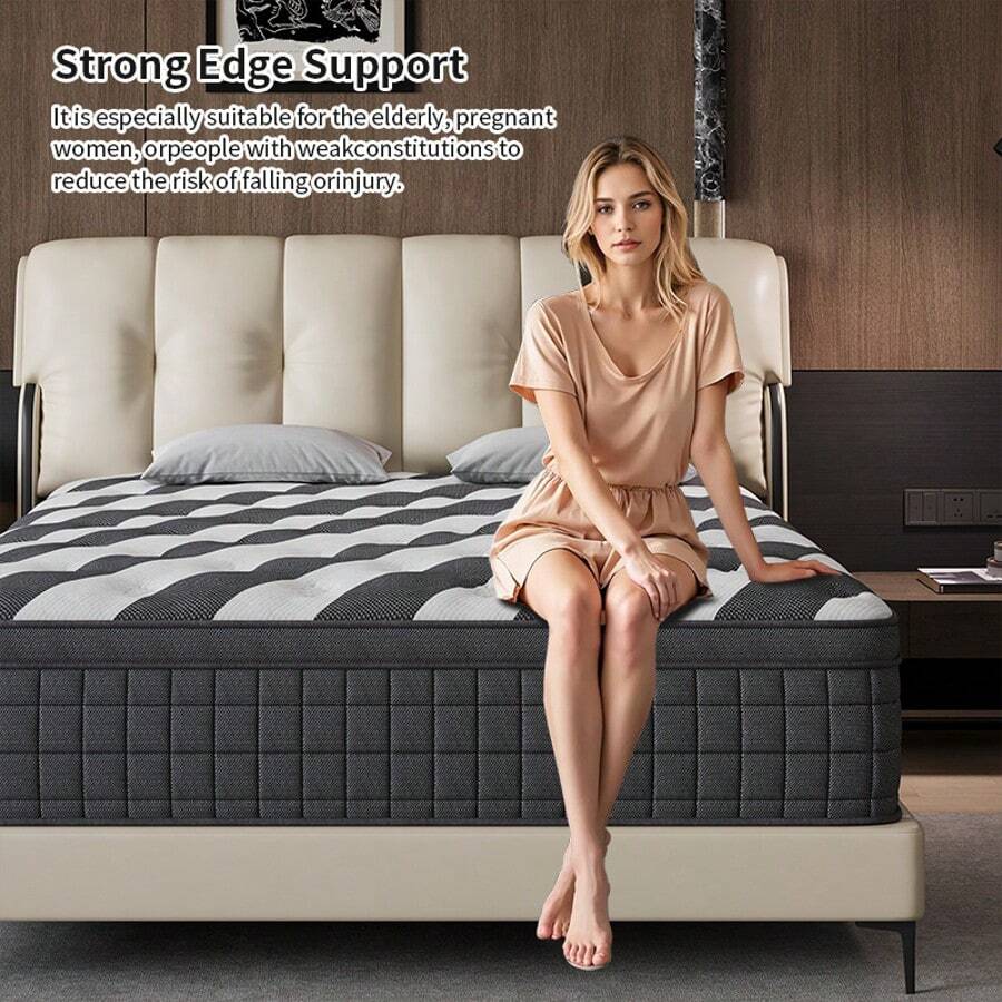 10/12/14 Inch Queen Size Mattress - Medium Firm Hybrid Memory Foam & Pocket Spring Bed With Cooling Motion Isolation, Pressure Relief, Individually Wrapped Coils - Heavy-Duty Bed Frame Compatible Mattress Topper - Black - View 1