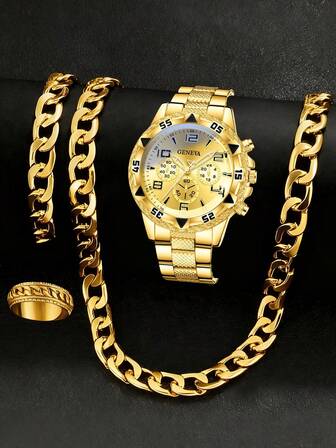 4pcs Men's Golden Strap Casual Business Digital Scale Classic Three Eye Dial Quartz Watch Bracelet Necklace Ring Jewelry Set Suitable For Daily Wear Decoration Or Holiday Gift Giving