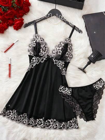 2 Pieces Color Block Floral Lace Nightdress Set, V Neck Semi-Sheer Bow Dress & Briefs, Women's Elegant Sleepwear & Loungewear