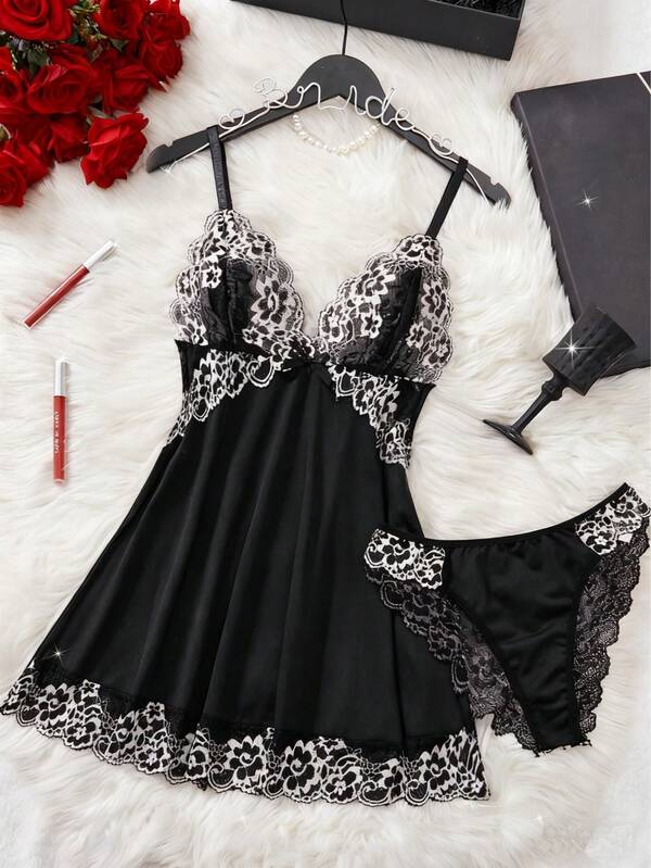 2 Pieces Color Block Floral Lace Nightdress Set, V Neck Semi-Sheer Bow Dress & Briefs, Women's Elegant Sleepwear & Loungewear