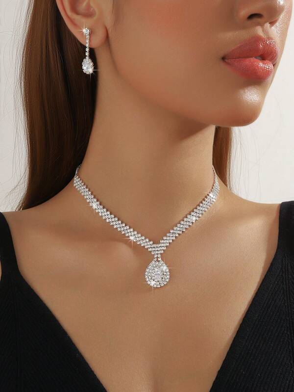 1 Set Fashion Jewelry Set, Rhinestone Necklace, Earrings, Diamond Accessories Suitable For Daily Wear