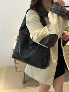 Fashionable Women's Woven Crescent Shoulder Bag, PU Leather Shoulder Bag With Coin Purse, Suitable For Shopping, Wallet, Young Women, College Students, Newlyweds, And Office Ladies. Ideal For Office, University, Work, Business, Commuting, Outdoor Activities, Travel And Picnics - Black - View 4