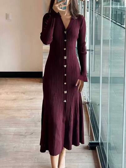 Elegant Casual Women's Knit Dress, Fashion Office Commuter Outfit, Fitted Slimming Knit Dress With Ruffle Cuffs, Women's Streetwear, Suitable For New Year, Thanksgiving, Formal Dinner, Party, Date, Wedding, Birthday