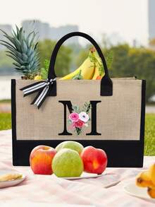 Juego de bolsas de lona con iniciales florales negras de la A a la Z, incluye bolsa de almacenamiento de maquillaje, bolsa de regalo personalizada, adecuada para boda, cumpleaños, playa, vacaciones, escuela, es un gran regalo para mujeres, mamá, maestros, amigos, damas de honor, estudiantes, bolsa grande, artículos de primera necesidad, regalos perfectos para vacaciones, cumpleaños, Acción de Gracias, Pascua, Navidad