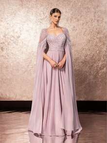 DELLA COUTURE Elegant Pink Chiffon Sweetheart Neck Evening Gown For Women's Summer Parties Featuring Beaded Appliques Embellishments This Flowing And Refined Silhouette Offers An Elegant Form-Fitting Design With A Stunning Floor-Length Train Ideal For Parties Weddings - Baby Pink - View 6