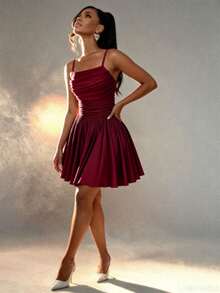 Elegant Women's Solid Color Spaghetti Strap Ruffle Hem Short Dress