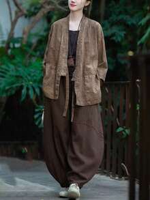 LUCIDVUE 1pc Women's Chinese Style Linen Jacket, Spring/Summer New Retro Loose Fit Tie-Waist Top With Pockets, Open Front Casual Cardigan, Tea Ceremony Outfit - Mocha Brown - View 5