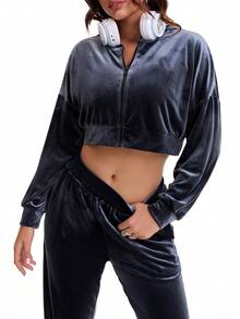 Oversized Grey Zip-Up Jacket & Sweatpants Sport Tracksuit For Women Hoodie & Wide Leg Pants 2 Pieces Athletic Set - Iron Gray - View 1