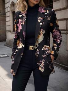 HOMEYEE Floral Print Single Button Blazer