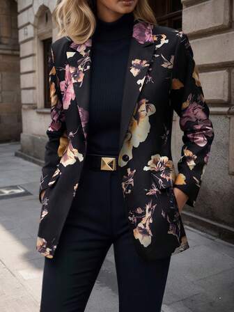 HOMEYEE Floral Print Single Button Blazer