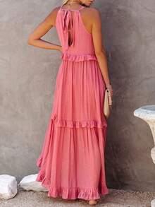 Women Boho Ruffle Tiered Maxi Dress – Sleeveless High Waist Flowy Sundress For Summer Vacation & Beach - 粉色 - 查看 3
