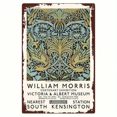 Plakat z blaszanej tablicy z okazji stulecia wystawy Williama Morrisa, sztuka ścienna z żelaza, 8 x 12 cali - otwory wstępnie wywiercone, wodoodporny, odporny na warunki atmosferyczne, dekoracja do domu, kawiarni, 1 sztuka (1 szt.).