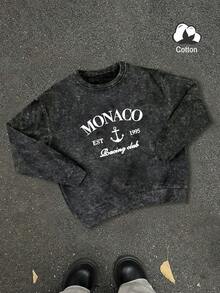 MONACO EST 1995 Racing Club Anchor Print Vintage-Style Sweatshirt, Retro Racing Monaco-Inspired Top, Plus Size Washed Sweatshirt, Crew Neck Long-Sleeve, Winter Lined, Women's Sports Pullover, Sweatshirt, Plus-Size Sportswear, Plus-Size Women's Clothing, Autumn And Winter Season, Comfortable Loose Fit, Plus-Size Autumn And Winter Apparel, Everyday Casual Wear.