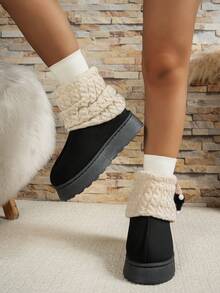 Cute, Warm, Thermal-Lined, Thick-Soled Comfortable Ankle Boots, Fashionable, Faux Thermal Lined, Short Shaft, Slimming, Non-Slip, Outdoor, Knit Sock Liners, Snow Boots, Suitable For Winter