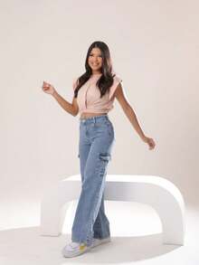 GL Kids Luxury Plain Cargo Pants For Girls And Teens - Medium Wash - View 9