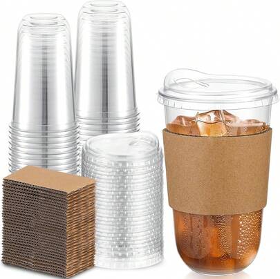 50 Sets 18 Oz Clear Plastic Coffee Cups With Lids And Sleeves,  Coffee Cups For Iced Cold Beverage, Drink Shops, Party Catering And Travel,25843519