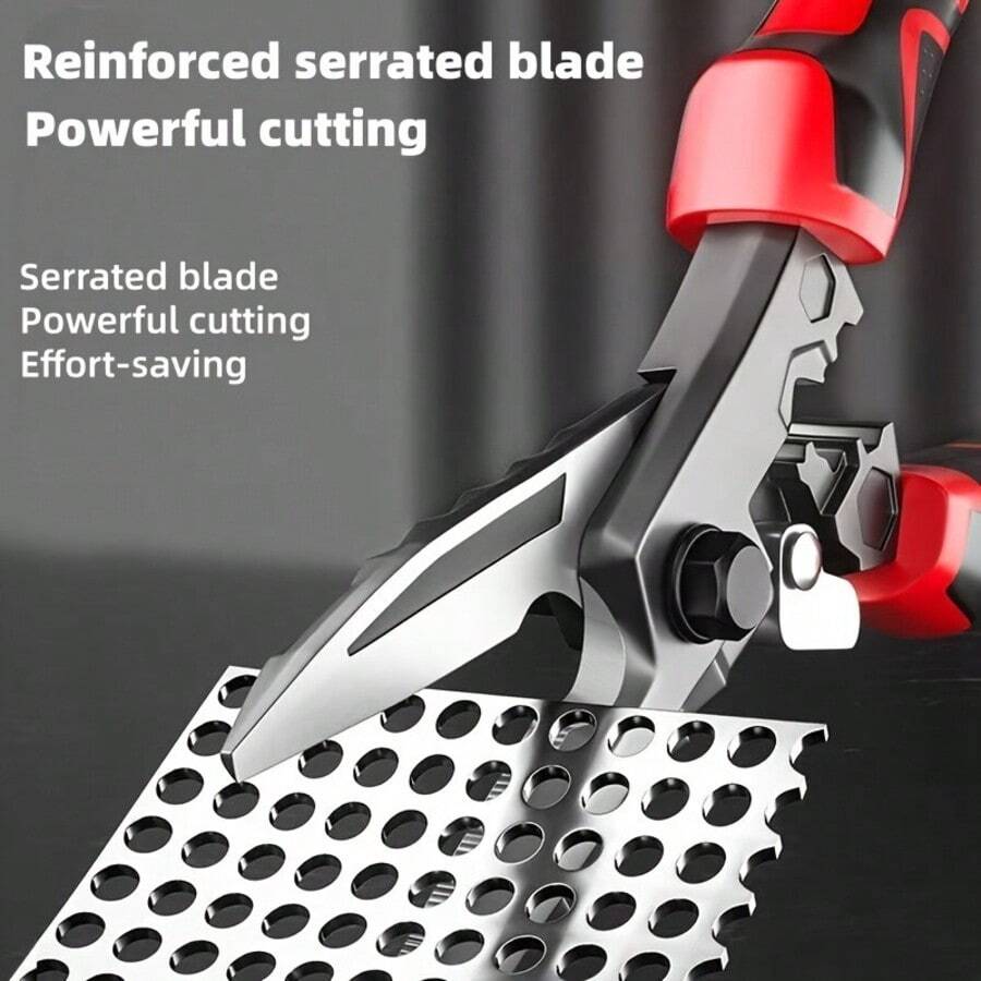 1pc 8.5" Industrial-Grade Metal Shears, Multi-Functional Sturdy Heavy-Duty Aviation Snips, High Hardness & Durability, Carbon Steel Material, Red & Black Reinforced Handle, Precision Cutting Pliers, Suitable For Professional Cutting Of Iron Plates And Steel Tiles