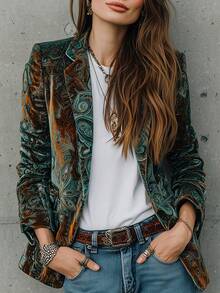 女士优雅复古绿色花卉印花缎面西装外套，春秋季 - 墨綠色 - 查看 4