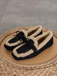 女士时尚平底乐福鞋，2025冬季新款黑色方头蝴蝶结毛绒鞋，保暖套脚平底鞋 - 黑色 - 查看 2