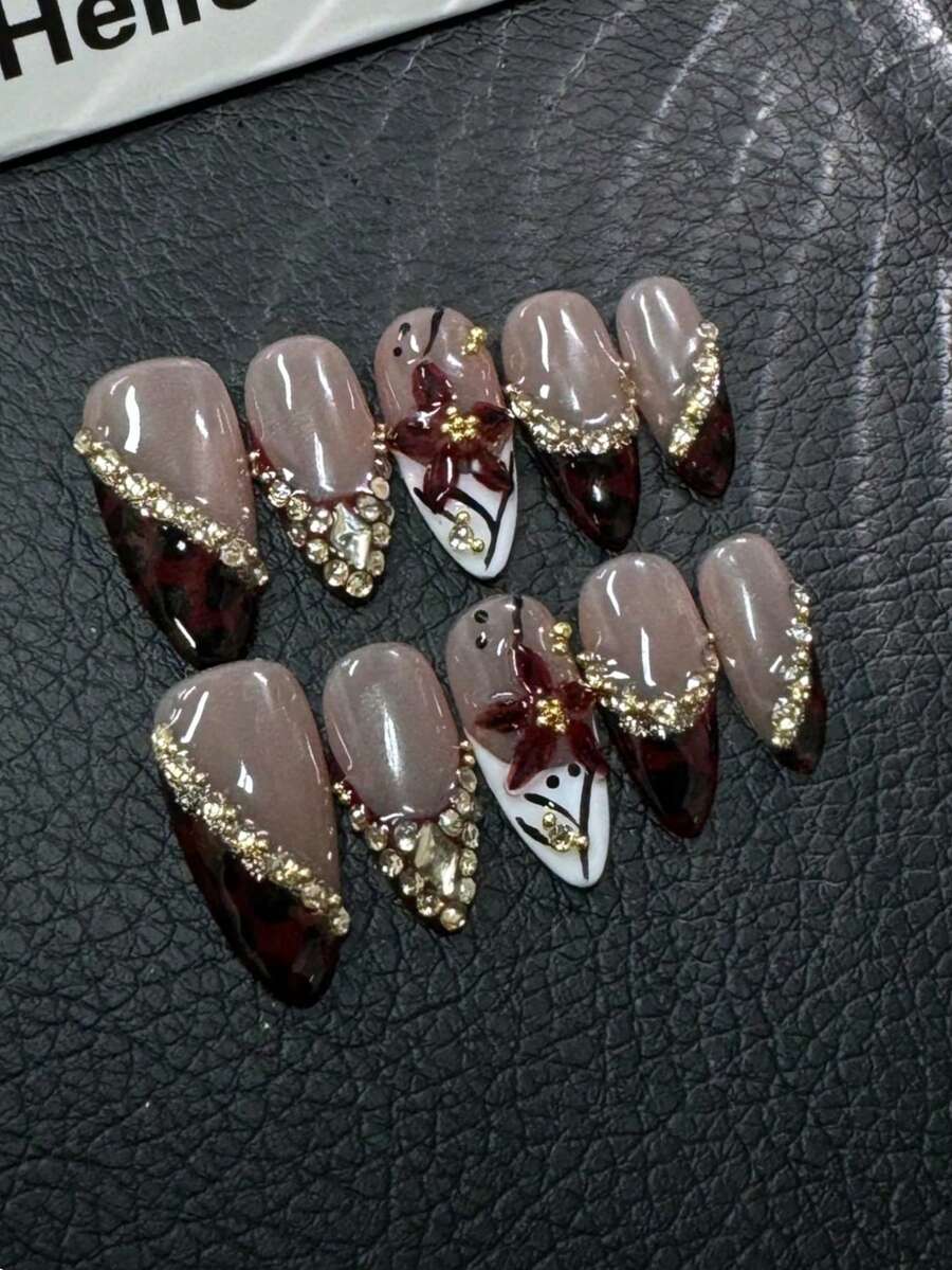 10片酒红色3D立体雕刻奢华钻石豹纹法式按压美甲贴片，中号杏仁形，日常优雅欧美风假指甲，适合作为礼物送给女性和女孩，附赠蝴蝶结装饰收纳盒 - 酒紅色 - 查看 1