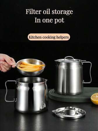 1pc 304 Stainless Steel Oil Filter Pot, Kitchen Oil Bottle With Leakage Prevention, Fried Food Oil Strainer, Large Capacity Oil Filter Bottle With Filter Net, Suitable For Cooking Oil, Olive Oil, Animal Oil, Soup Base Filtration, Great Housewarming Gift