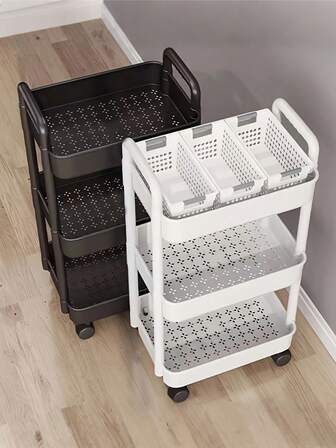 这款5/4/3层滚动储物推车采用加厚管材制成，坚固耐用，承重力强，是一款专为化妆品收纳而设计的塑料推车。它可360度旋转，采用耐用塑料材质，承重力强。适用于节日装饰、卧室、厨房、浴室、客厅以及户外露营等多种场合。