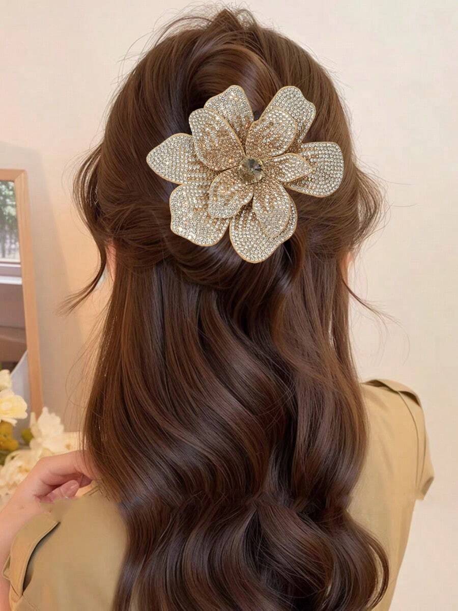1pc Rhinestone Flower Spring Clip Hair Accessory For Women, Suitable For Daily Hairstyles, Hair Accessories, Party, Head Accessories, Hairpin - Silver - View 1