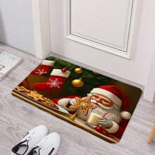 1PC MatChristmas Floor Mat Red Santa Claus With Gingerbread Cookies And Milk Print For Living Room, Bedroom, Or Bathroom Decor Washable Indoor/Outdoor Door Mat For Porch, Living Room, Thanksgiving Fall Decor, Doormat Outdoor Entrance Fall Design, Autumn Doormat, Seasonal Home Decor, Easy Clean Mat, Holiday Shoppers, Home Decorators - Black - View 3