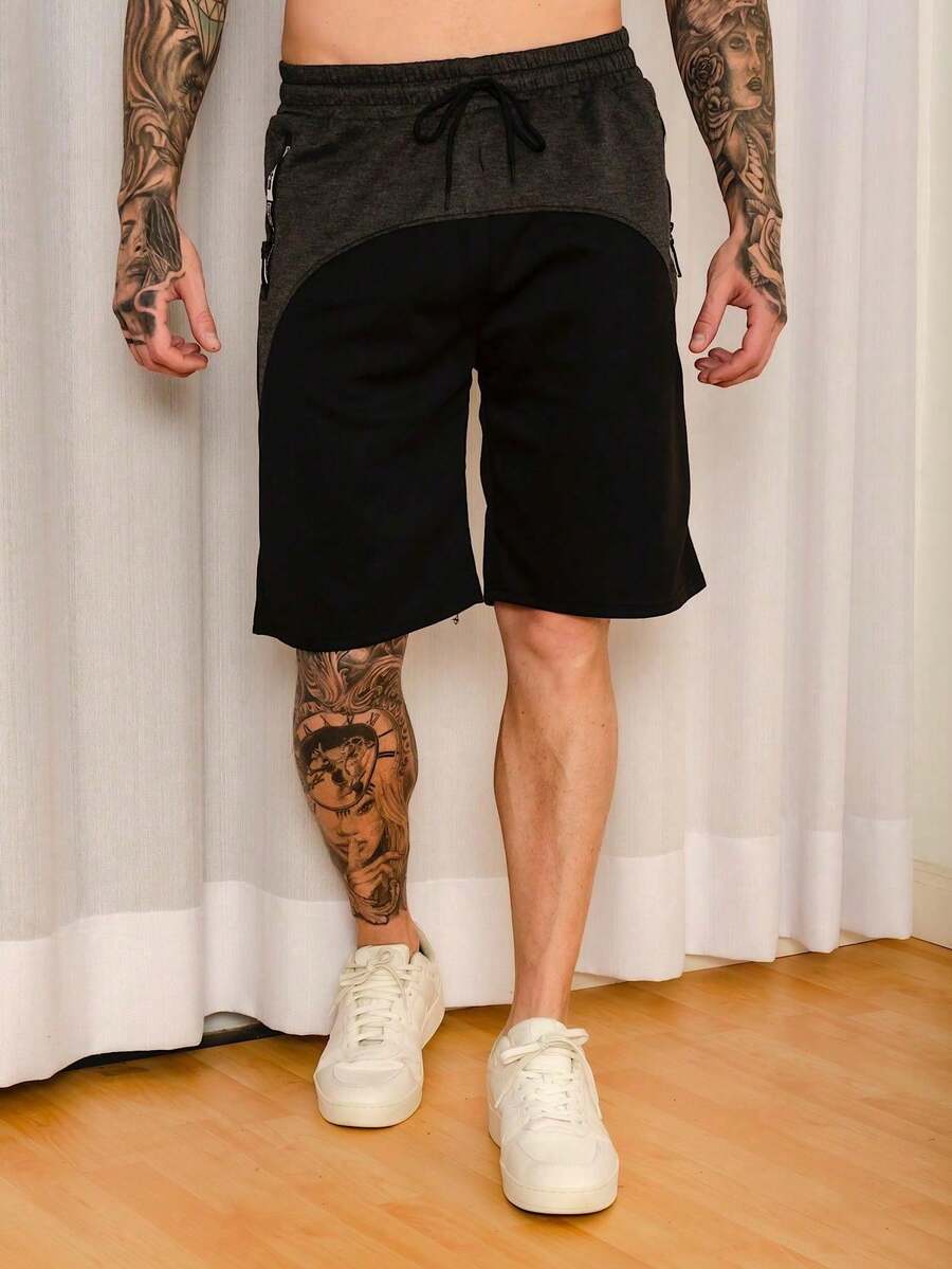 Men's Fleece Shorts / Zippered Pockets / Elastic Waistband - Black - View 1