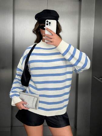 Autumn And Winter Urban Casual Women's Autumn And Winter Elegant Sweater Autumn And Winter Women's Color Blue And White Clashing Stripe Pattern Top Autumn And Winter Fashion Comfortable Casual Versatile Simple Home Commuter Round Neck Design Decorative Long Sleeve Knitted Pullover Women's Knitted Tops Sweater