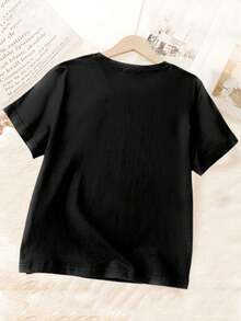 Girls' Cherry Print Round Neck Short Sleeve T-Shirt, Casual Style For Spring/Summer - Black - View 3
