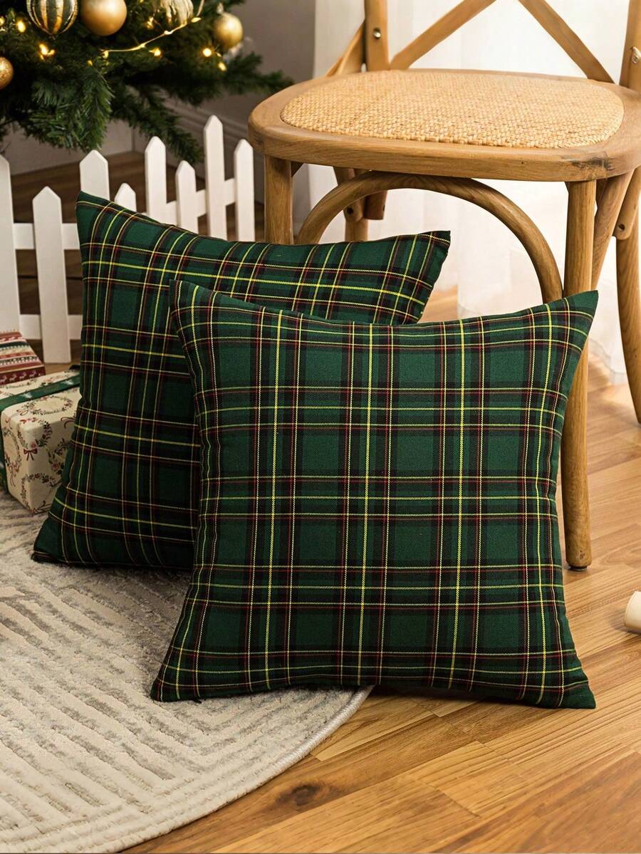 1pc Christmas Plaid Woven Throw Pillow Cover, Farmhouse Vintage Style, Suitable For Christmas Atmosphere, Family Gathering, Living Room, Party, Bedroom, Window, Sofa, Home Decor, All Seasons