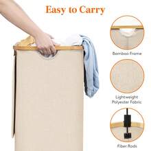 带盖洗衣篮，窄型洗衣篮，带可拆卸袋，纤细脏衣篮，带竹制提手，适用于浴室、卧室和洗衣房 - 白色 - 查看 5