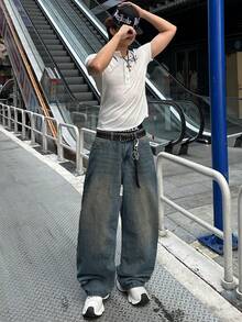 1 pezzo Jeans casual a gamba ampia con lavaggio consumato, design a baffi di gatto, stile vintage americano con vestibilità morbida (cintura e accessori non inclusi) - blu polveroso - Visualizzare 1